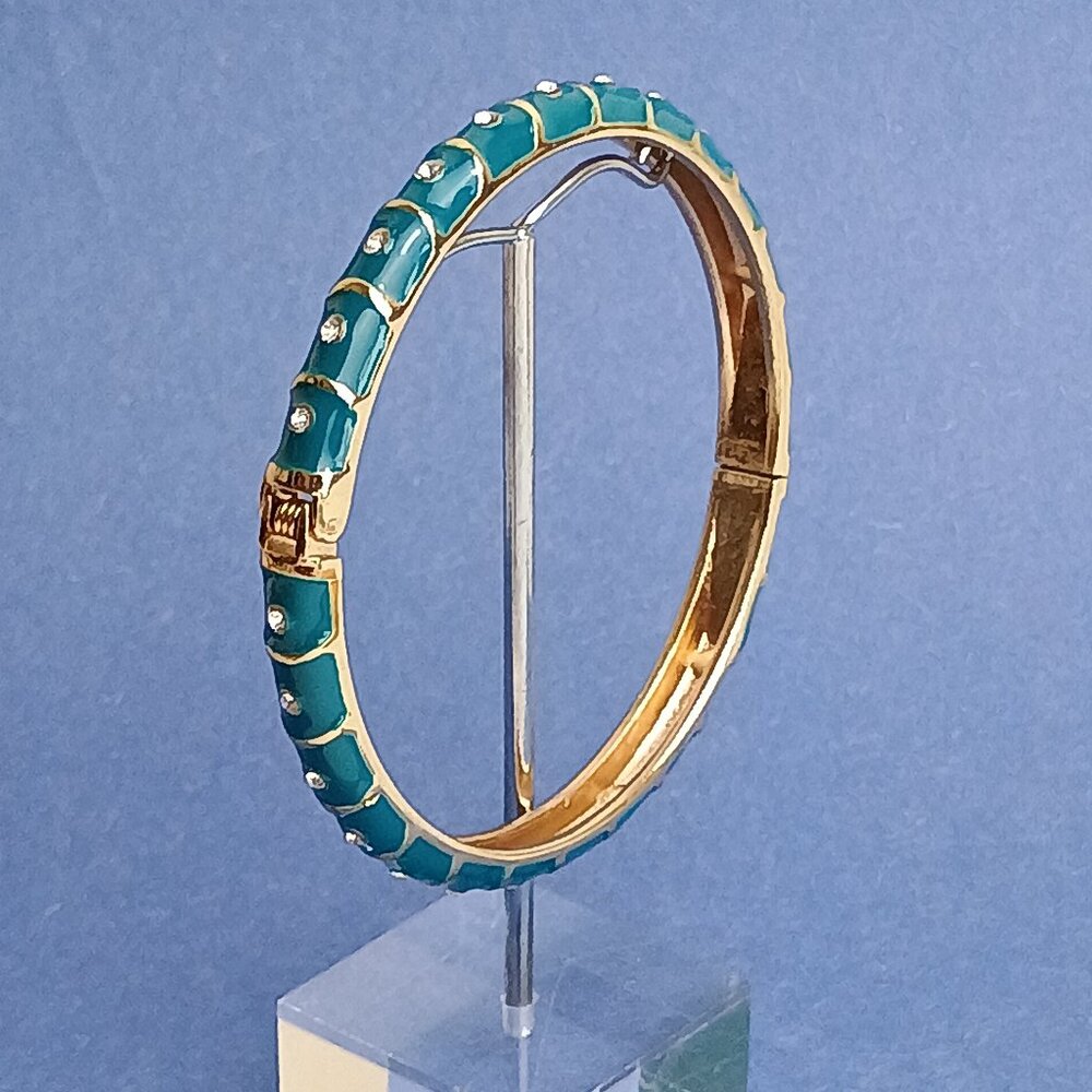 Dark Turquoise Gold Tone Rhinestone Enamel Hinge Bangle Skinny Bracelet Clamper